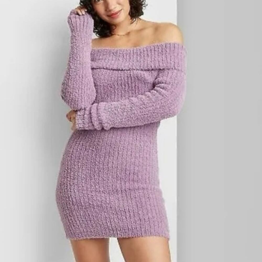 Wild Fable Ribbed Off the Shoulder Mini Sweater Dress Sz Small Mauve NWT